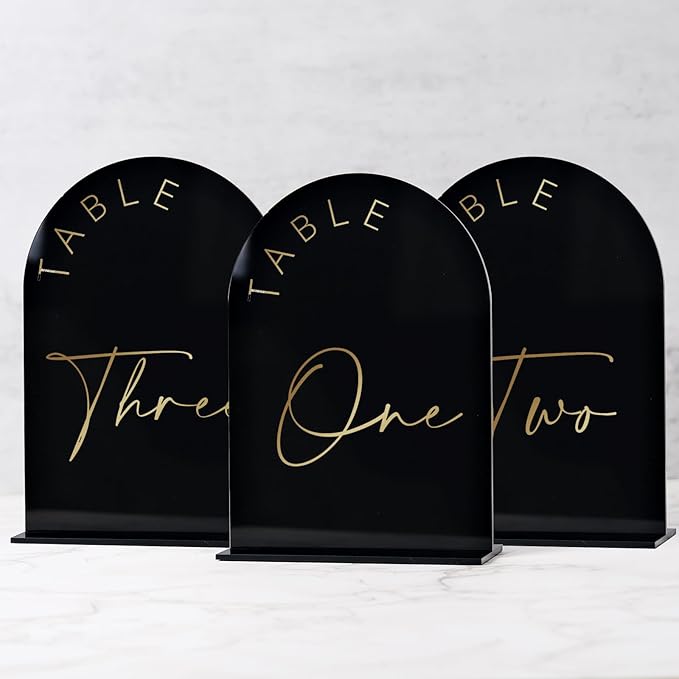 Black Arch Wedding Table Numbers 1-15 with Stands, 5x7 Inch Black Acrylic Sign with Gold Lettering, Arched Acrylic Table Numbers for Wedding Reception