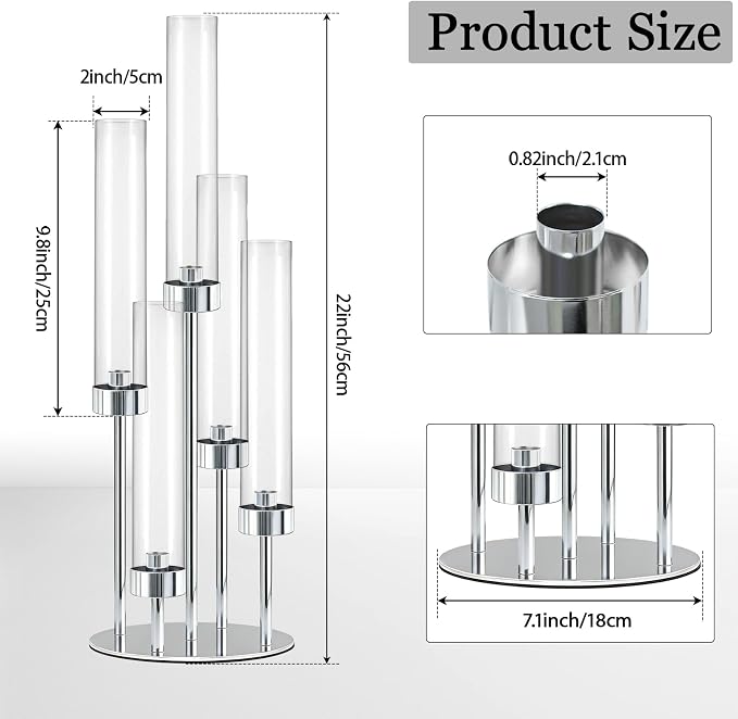 2 Pcs 5-Arm Silver Metal Table Candelabra Centerpiece, 22" Tall Clear Candlesticks Holder with Shade for Valentines Day Events Party Table Centerpiece,Fit LED Candles