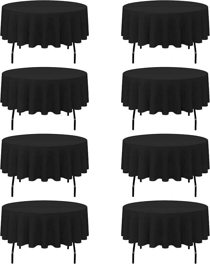 BRILLMAX 8 Pack Black Round Tablecloths 90 Inch for 60” Tables - 150 GSM Polyester Fabric, 15" Standard Drop, Water, Stain & Wrinkle Resistant Cloth Cover for Wedding Reception Banquet Dining
