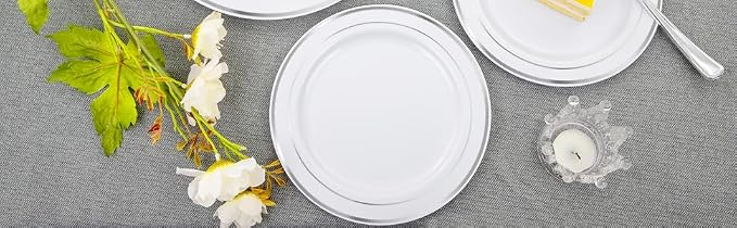 FLOWERCAT 60PCS Silver Plastic Plates - Heavy Duty White and Silver Plastic Plates Disposable - Include 30PCS 10.25inch Dinner Plates and 30PCS 7.5inch Dessert Plates for Wedding&Birthday Party