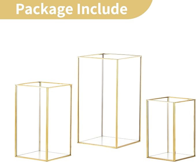 Nuptio Glass Hurricane Candle Holder Set of 3 Gold Pillar Candle Holders Large Rectangular Candleholder Table Centerpieces Decoration for Wedding Christmas Holiday Home Ornaments 9.5 & 8.1 & 6.5 inch