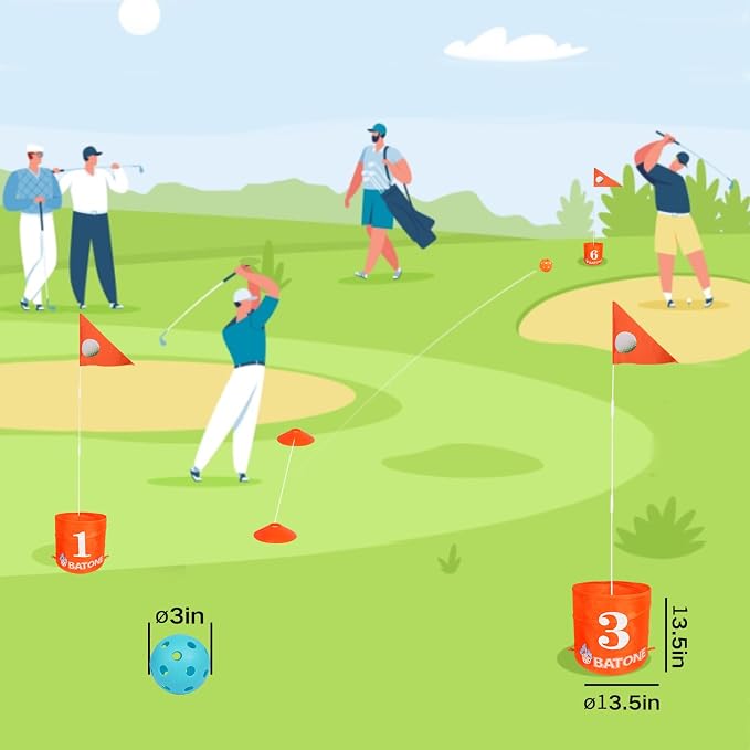 BATONE Golf Bucket Game for Family, Adults and Kids Portable 9 Hole Golf Course with Balls and Flag, Outdoor Indoor Golf Yard Game for Park, Beach, Lawn, Camping