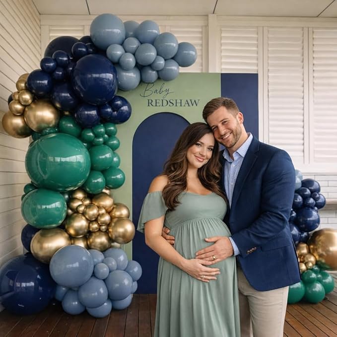 Green and Navy Blue Balloon Arch Kit, Dusty Dark Blue and Sage Green Gold Balloon Garland Kit for Boys Luxury Bear Baby Shower Jungle Safari Mens Birthday Xmas Party Decorations