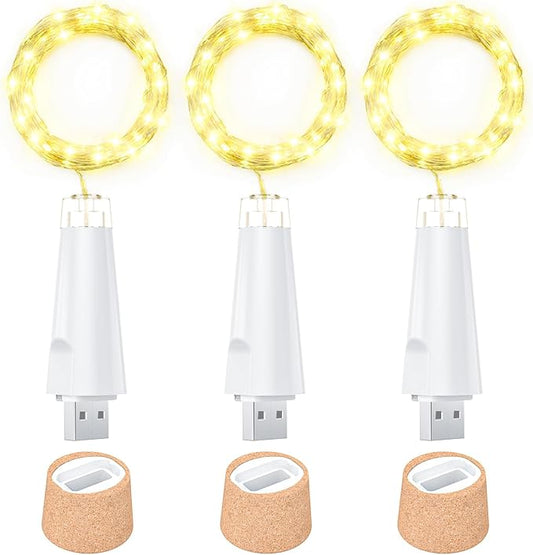 USB Bottle Lights Rechargeable Wine Bottle Fairy Lights Cork LED String Lights 20 LEDs Copper Wire for Table Party DIY Decor(Warm White, 3 Pack)