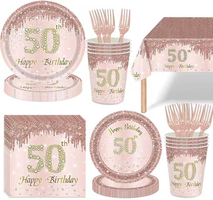 121Pcs 50th Birthday Party Supplies Plates Napkins Cups Forks Tablecloth Rose Gold Happy 50th Birthday Themed Disposable Tableware Decorations Serves 24 Guests for Women Ladies 50 Years Old Birthday
