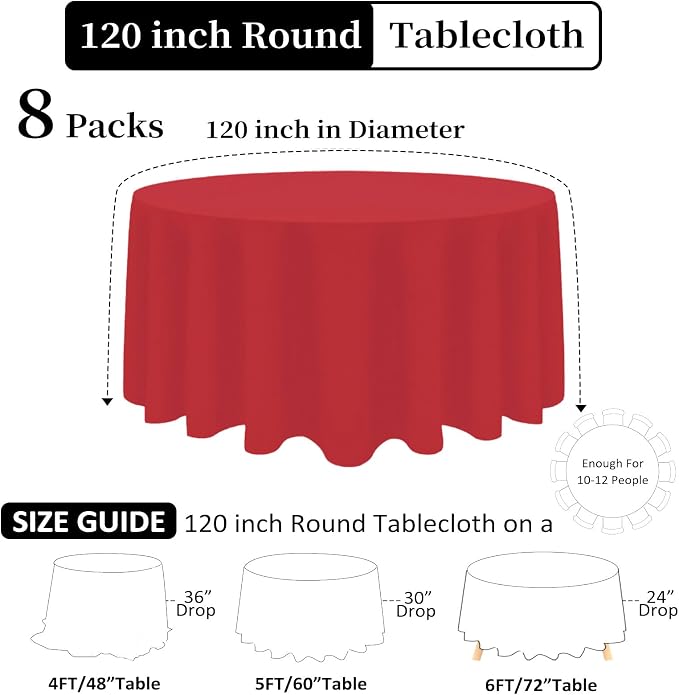 8 Pack Red Round Tablecloth 120 Inch Red Table Cloth Wrinkle Resistant Reusable and Washable Polyester Fabric for Holiday Buffet Wedding Party and Banquet