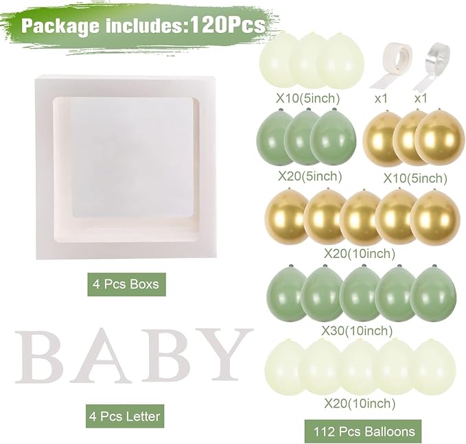 Sage Green Baby Shower Decorations Boy Girl - 4Pcs Baby Boxes with lettes and 112Pcs Green White Gold Balloons Arch Kit for Baby Shower Decorations, Dinosaur Jungle Safari Baptism Party Supplies