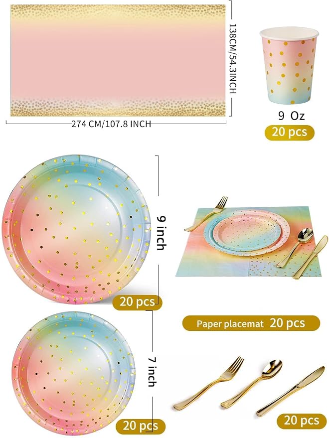 Nkaiso 141 Pieces Rainbow Gold Party Supplies, Party Dinnerware Sets Include Paper Plates Napkins Cups Silverware, for Wedding Bridal Shower Engagement Birthday Parties Decoration -20 Serves
