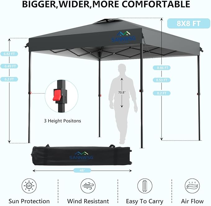 8X8 Pop Up Canopy Tent with 3 Sidewalls,Easy Up Canopy, Portable Outdoor Commercial Instant Shelter,Heavy Duty One Person Set Up Event Tent with Rolling Carry Bag,Grey