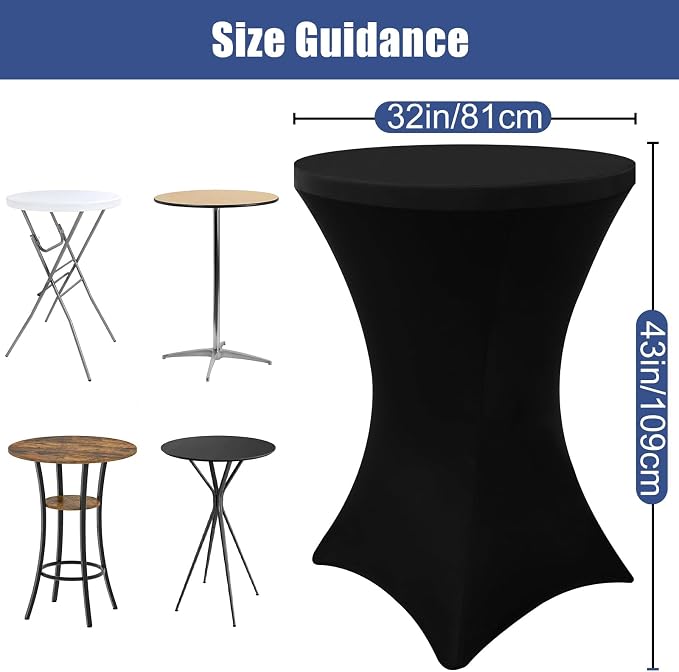 Moosfor Spandex Cocktail Table Covers 6 Pack, Elastic Fitted Stretch Table Cloth, Round High Top Tablecloths for Bar, Party, Pub, Wedding & Banquet (Black, 32x43 Inch)