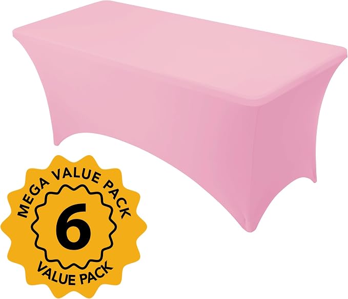 6-Pack Premium Pink Spandex Tablecloths for 6ft Rectangle Tables, Stain & Wrinkle-Resistant, Washable Stretch Polyester Fitted Table Cover for Weddings, Banquets, Trade Shows Events