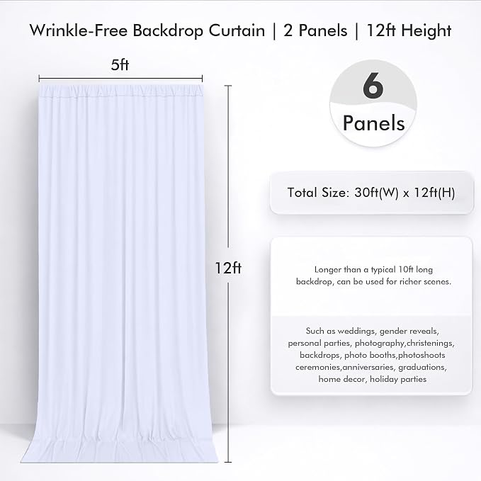 30ftx12ft Wrinkle Free White Backdrop Curtain, 6 Panels 12FT Height White Drapes for Wedding, Silky Polyester Photo Back Drop Cloth Draping for Birthday Party Photography Background