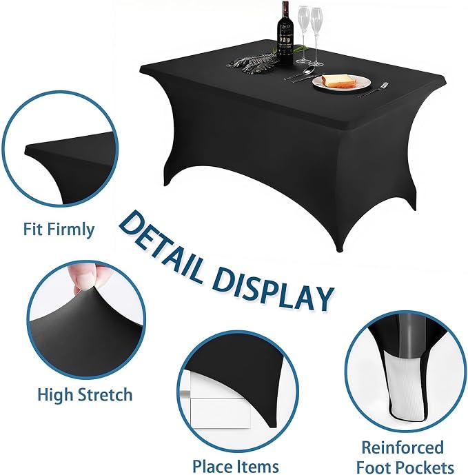 4FT Black Table Cloth - 8 Pack, Fitted Stretch Rectangle Spandex Tablecloth, Washable Table Cover for Party, Dining, Wedding, Banquet and Festival(Black, 30" x 48")