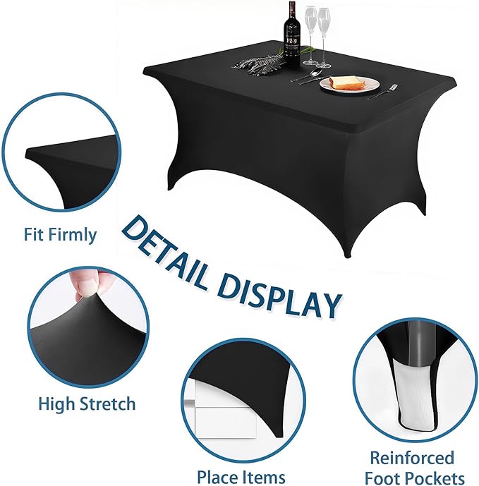 4FT Black Table Cloth - 2 Pack, Fitted Stretch Rectangle Spandex Tablecloth, Washable Table Cover for Party, Dining, Wedding, Banquet and Festival(Black, 30" x 48")