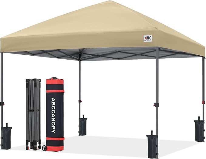 ABCCANOPY 10x10 Pop Up Canopy Tent, Easy Setup Instant Shelter with Wheeled Bag, Heavy Duty Outdoor Canopy for Beach, Market, Backyard, UV Protection, Outdoor Weather Protection (Beige, 10x10)