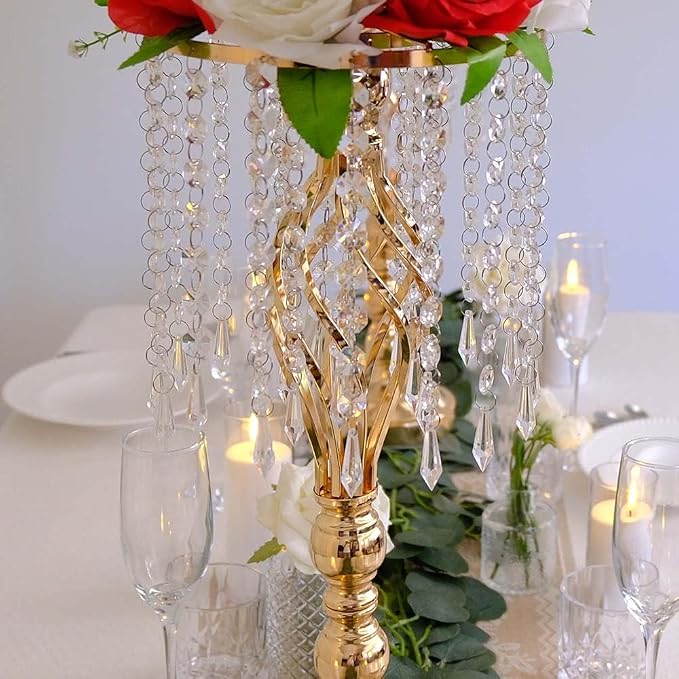 6 pcs 21.65 Inch Wedding Gold Flower Centerpieces Crystal Metal Flower Vase Wedding Centerpieces for Tables Decorations