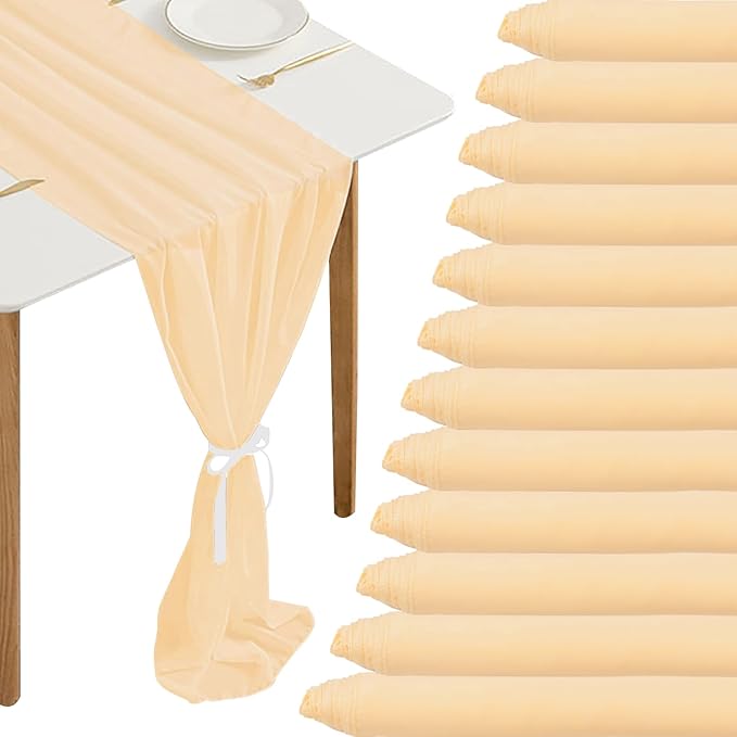 Fivenl 12 Packs 10Ft Chiffon Table Runner Champagne Sheer Table Runner Romantic Chiffon Table Runners for Wedding Birthday Party Bridal Baby Shower Table Decoration (27" x 120", Champagne)