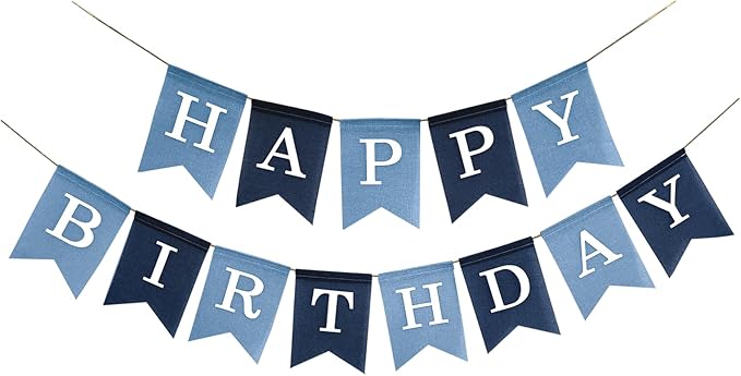 Pre-Strung Blue Happy Birthday Banner, No DIY Burlap Banner, Colorful Party Decorations for Boys, Reusable Fabric, Ready to Hang Birthday Decor