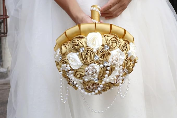 Ivory and Gold Bridal Wedding Bouquet with Rhinestone Brooch Pearl String Cascade Bouquet for Bride Bridesmaid Quinceanera Satin Rose Flower Bouquet Wedding Gold and Ivory 6.3in