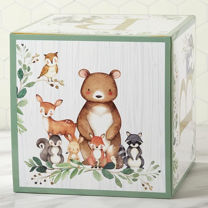 Kate Aspen Woodland Baby Boxes With Letters For Baby Shower Decorations, Gender Reveal Decoration, Photo Prop & Forest Animal Nursery Decor (Set of 4 Stackable Blocks Spells B-A-B-Y)