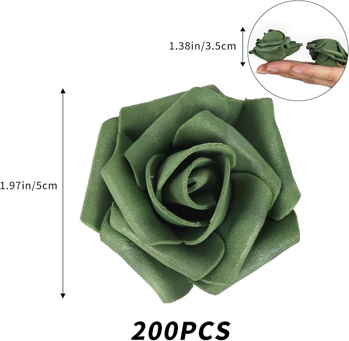 Foam Flowers,200PCS Emerald Green Roses 1.97in Fake Roses Artificial Roses Flowers for Craft DIY Wedding Party Home Decoration(Green)