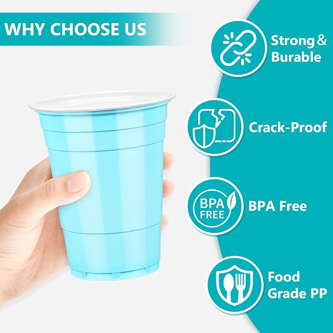 LANLISA 100 Light Blue Plastic Cups, 16 oz Disposable Cups, Drinking Cups For Party Supplies