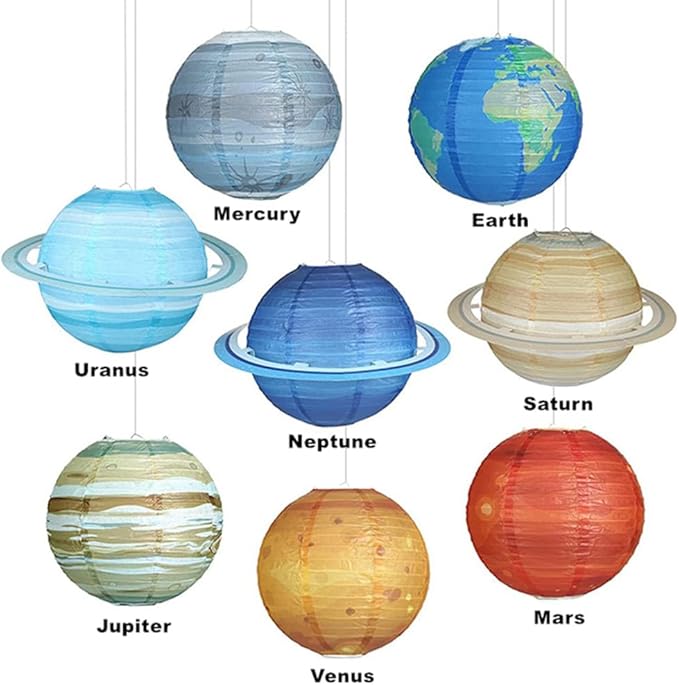 Folding Outer Space Planet Paper Lanterns Reusable Solar System Planets Hanging Lanterns Ornament Lamp Cover for Outer Space Birthday Party Home Decoration Supplies (12 inches;8pcs)