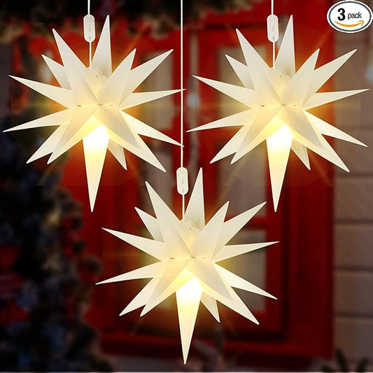 Kingdder 3 Pieces Moravian Star Light LED 3D Star Hanging Light Powered by Battery with Timer Function White Porch Lantern Holiday Decor for Indoor Outdoor Christmas Tree Balcony Courtyard (18 Inch)