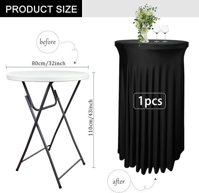 1 Pack 32"x43" Black Round Cocktail Table Skirt| Cocktail Spandex Tablecloth |Spandex Fitted High Top Table with Skirt|Stain 、Wrinkle Resistant、Washable for Bar Wedding Cocktail Party Banquet Table