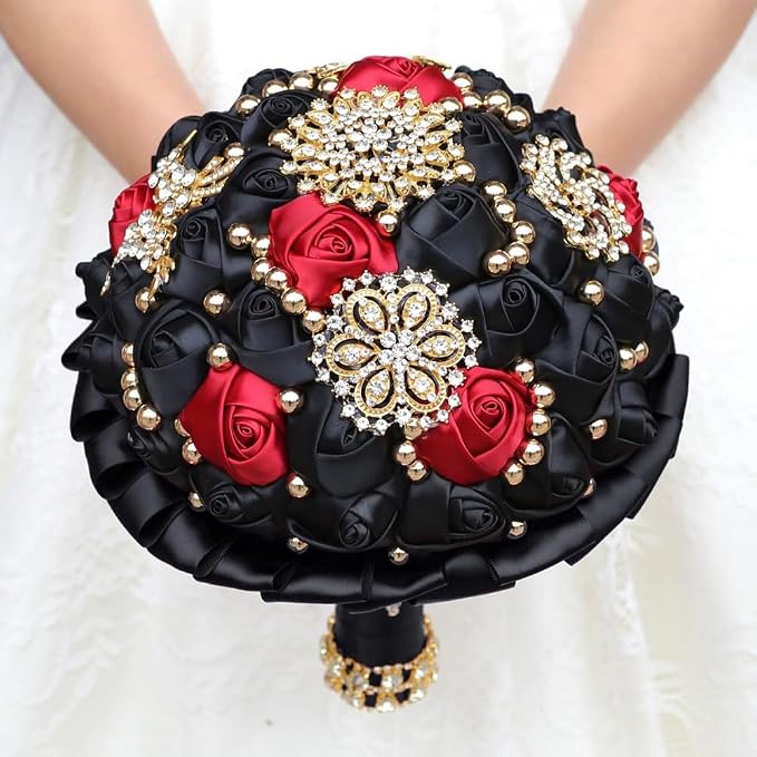 Bridal Wedding Bouquet Luxury Gold Rhinestone Brooch Bouquet for Bride Bridesmaid Quinceanera Satin Rose Artificial Flower Bouquet Wedding Black and Burgundy 7.1in