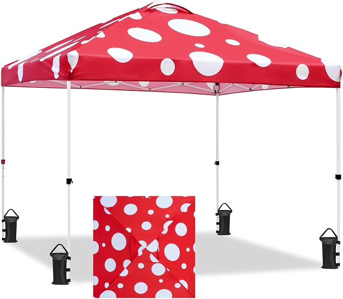 EAGLE PEAK Pop Up Canopy Tent with Wheeled Carry Bag, 8 Stakes, 4 Ropes, 4 Weight Bags, Easy Set Up Tent Canopy, 10x10 ft, 100sqft of Shade, Red Mushroom