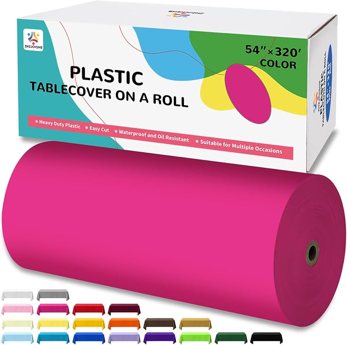 54IN X 320FT Plastic Table Cover Roll with Cutter Box, Cut to Size Plastic Table Cloths for Parties, Birthday, Disposable Tablecloth Roll for All Shape Tables (Fuchsia, 54 Inch X 320 Feet)