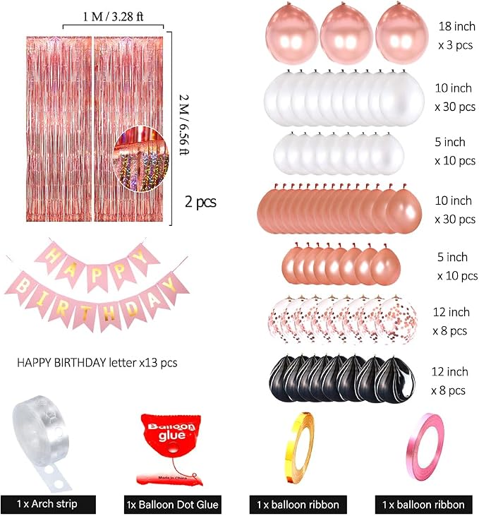 118 PCS Rose Golden Happy Birthday Party Balloons Set for Girl Women | with Sparkle Rose Golden Foil Fringe Curtains, 18 inch Big Balloons, Confetti Balloons
