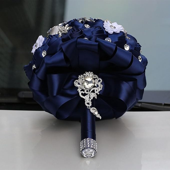 Navy Blue and Silver Grey Bridal Bouquet with Luxury Bling Rhinestone Brooch Wedding Bouquet for Bride Bridesmaid Quinceanera Satin Rose Flower Bouquet Wedding 9.5in
