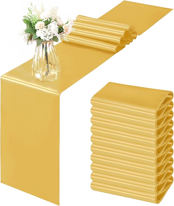 Horbaunal 12 Pack Yellow Gold Satin Table Runner 12 x 108 Inch, Smooth Table Runners for Wedding Banquets Birthday Party