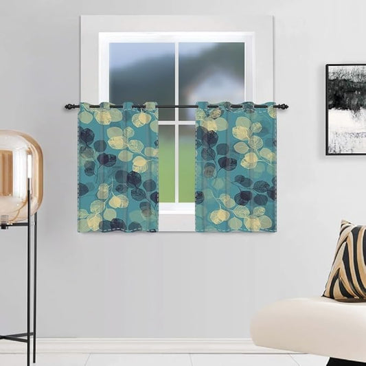 Blue Eucalyptus Leaves Window Curtains Mid Century Vintage Leaves Kitchen Curtains Abstract Art Window Drapes Window Treatment Sets Bedroom Living Room Home Decorations,26x36 inch,2 Panels