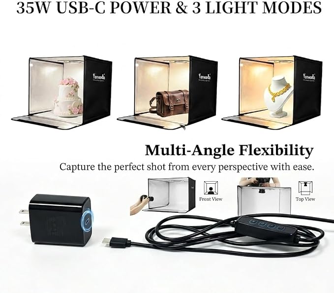 24" Photo Light Box with 35W Type-C Power Adapter, 300 LEDs Photography Studio Lightbox, 3 Color Temperatures 3000K-5700K Dimmable Shooting Tent, 6 Waterproof PVC Backdrops & Soft Cloth