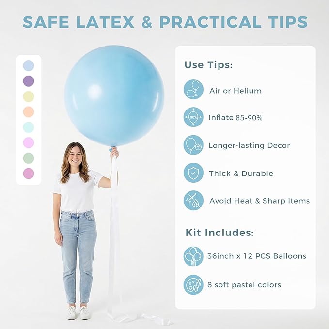 LovesTown 12 PCS Pastel Large Balloons, 36 Inch Pastel Latex Giant Balloons for Wedding Bridal Shower Party Festival Decorations