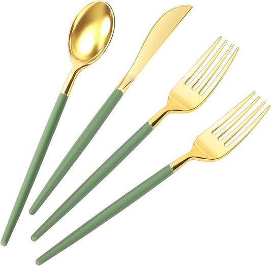 120Pcs Sage Green and Gold Plastic Silverware, Heavy Duty Plastic Silverware Includes 40 Forks, 40 Knives, 40 Spoons, Disposable Cutlery for Birthday, Wedding, Baby Shower (Sage Green and Gold)