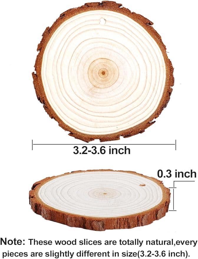 wohohoho 32pcs 3.2-3.6 inches Natural Wood Slices, Unfinished Craft Wood Kit Predrilled with Hole Thickened Wooden Circles with Bark for DIY Ornaments Christmas Wedding Decorations Wood Coasters Tags