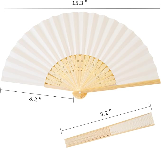 Sepwedd 50pcs Cream-Coloured Paper Hand Fan Bamboo Folding, Handheld Paper Fan for Wedding Party and Home Decoration