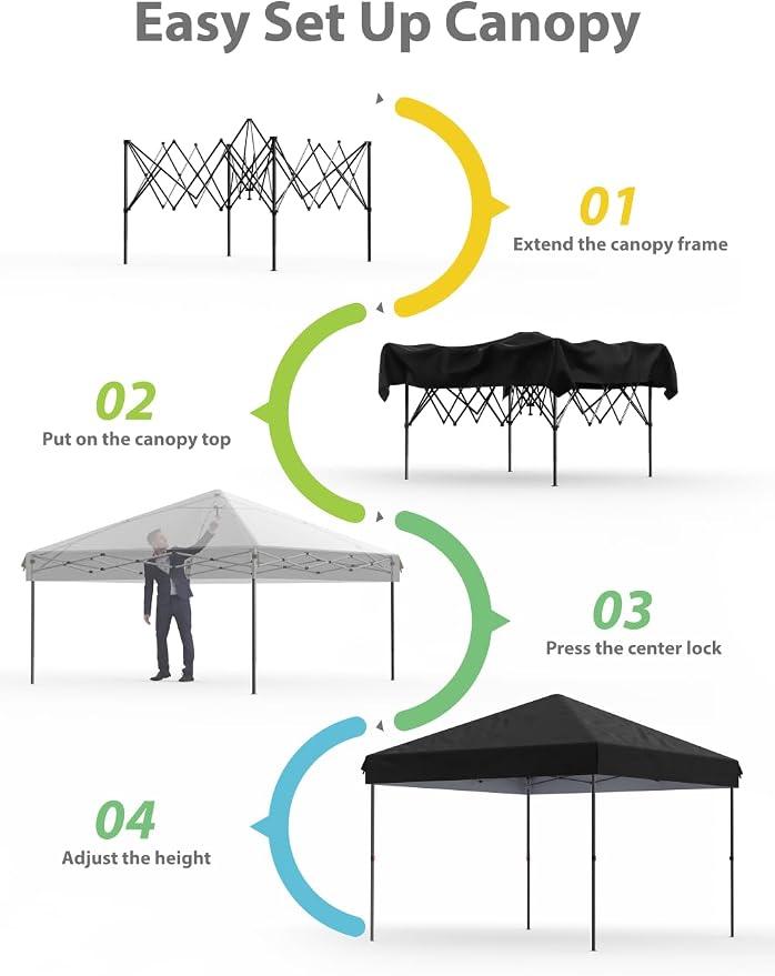 10x10 Pop Up Canopy with Removable 4 Sidewalls - Easy Up Camping Tent with One Button Push Setup - 1 Roller Bag, 3 Adjustable Height, 4 Weight Bags for Deck, Garden, Sports, Beach, Party - Black