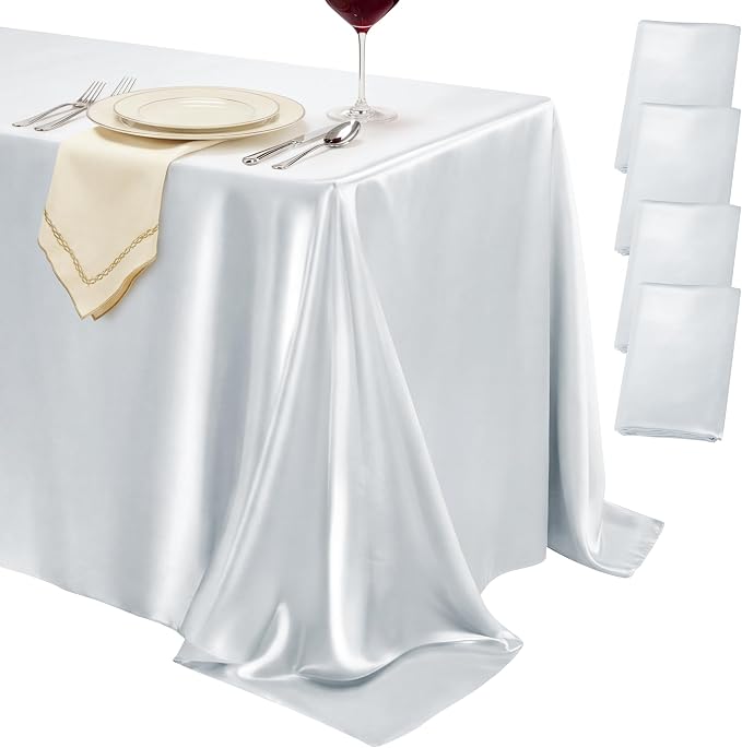 4 Pack Silver Satin Tablecloth 58 x 102 Inches, Rectangular Satin Table Cloths for Wedding Reception, Birthday Party, Graduation & Holiday Banquet Tables