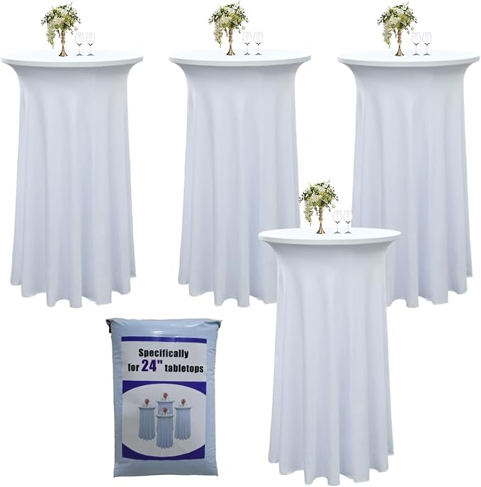 4-Pack 24"x43" White Round Cocktail Table Skirts | Stretch Spandex Fitted Tablecloths | Wrinkle-Resistant, Stain-Resistant, and Machine Washable for Bars, Weddings, Parties, and Banquets