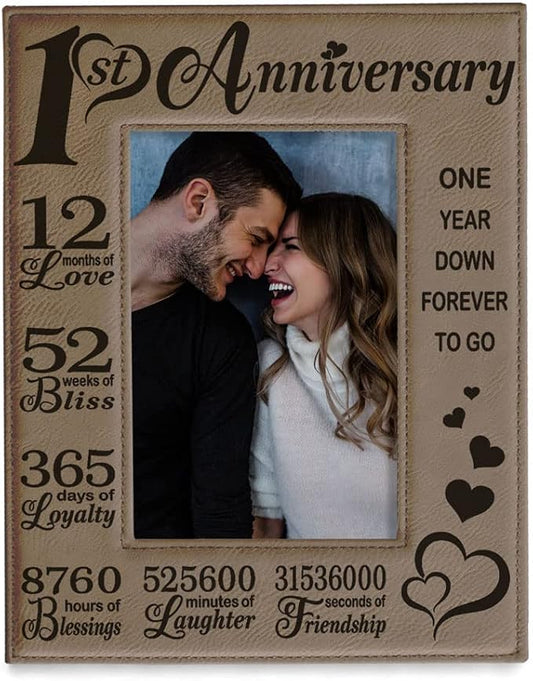 KATE POSH Our First (1st) Anniversary Engraved Leather Picture Frame - Gifts for Couple, Gifts for Him, Gift for Her, Paper Anniversary, Picture Frame, First Wedding Anniversary (4x6-Vertical)