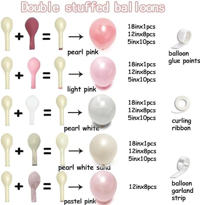 Pearl Pink White Balloon Arch, Double Stuffed Light Pastel Pink Cream White Sand Balloon Garland Kit for Baby Shower Birthday Bridal Wedding Mother's Day Party Decorations