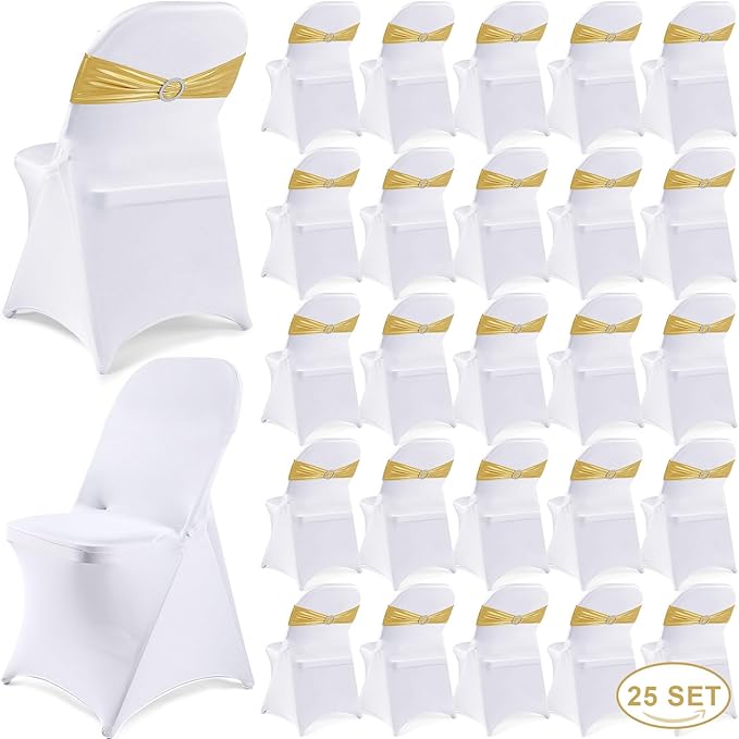 Preboun 50 Pack White Folding Chair Cover Set with 25 Spandex Chair Slipcovers 25 Sequin Chair Sashes Bow Washable Chair Protector Chair Cover for Party Wedding Banquet Event(White, Gold)