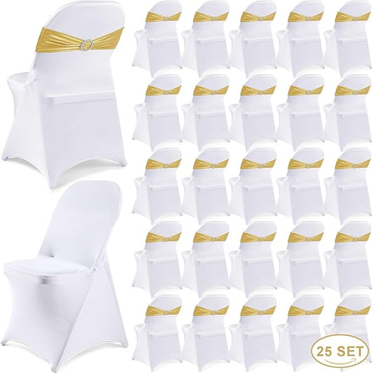 Preboun 50 Pack White Folding Chair Cover Set with 25 Spandex Chair Slipcovers 25 Sequin Chair Sashes Bow Washable Chair Protector Chair Cover for Party Wedding Banquet Event(White, Gold)