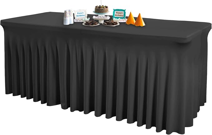 1 Pack Black Table Clothes for 6 Foot Rectangle Tables, Wrinkle Resistant Stretch Spandex Table Covers Fitted Tablecloth with Skirt for Event Banquet Wedding Birthday Party