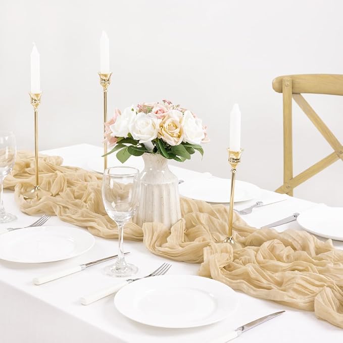 MLMC 8 Pack Champagne Table Runner 10ft Rustic Sand Cheesecloth Table Runner Bulk 35x120 Inches Neutral Gauze Cheese Cloth Centerpiece for Outdoor Wedding Bridal Shower Gathering Party Decor